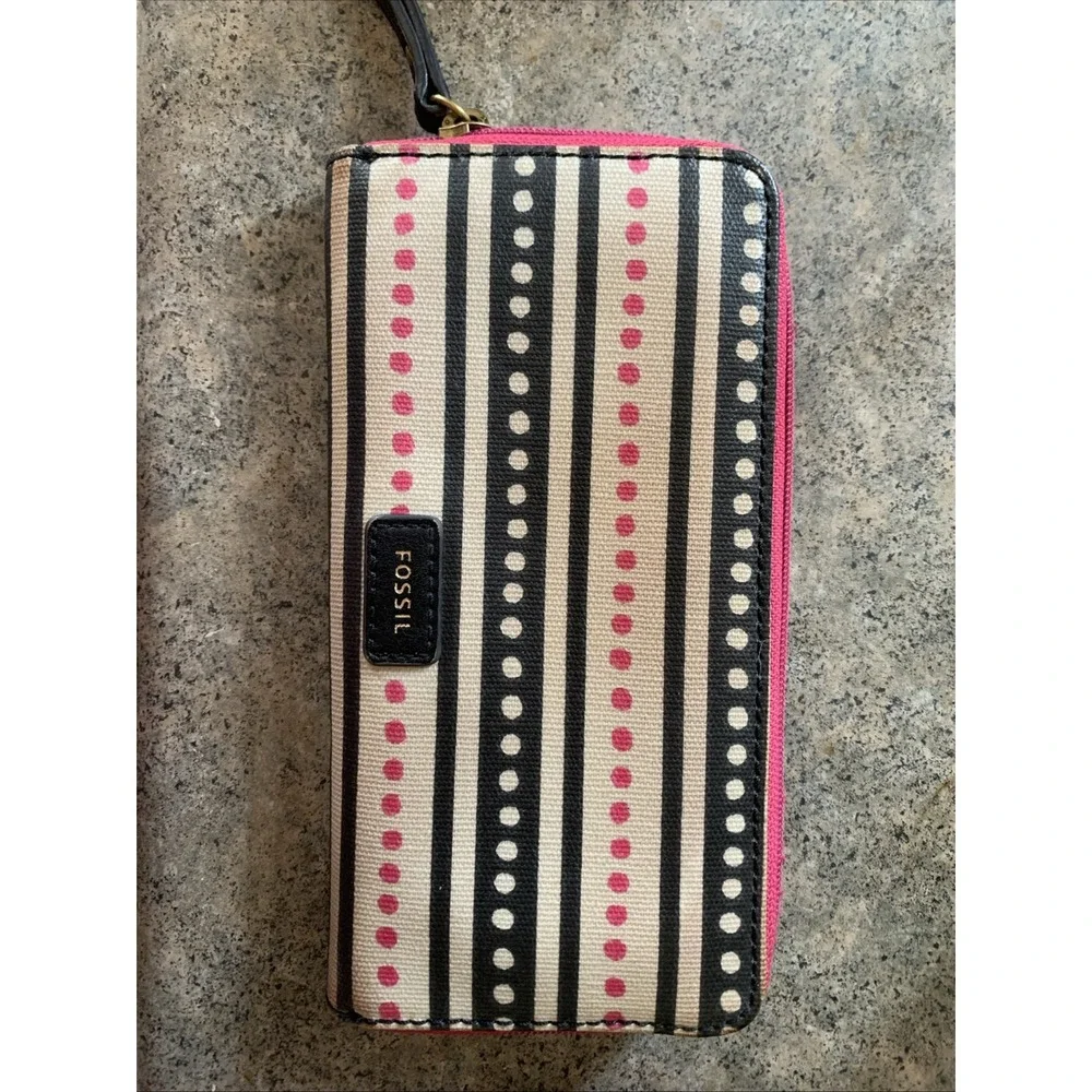 Fossil Eliza Clutch Pink Dots Zipper Accordion Wallet Black‎ Interior